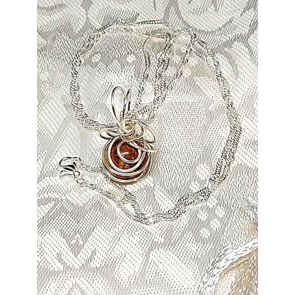 JASPER STONE WIRE WRAPPED PENDANT ON SILVER PLATED CHAIN - Picture 8 of 10